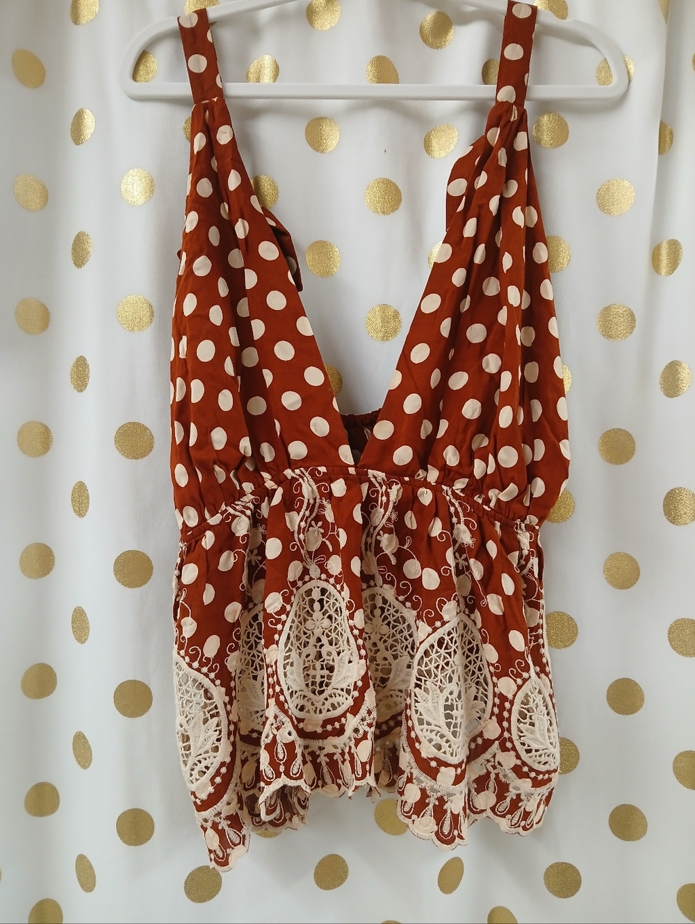 Free People Rust Polka Dot Crocheted Hem Sleeveless V-Neck Camisole Larfe